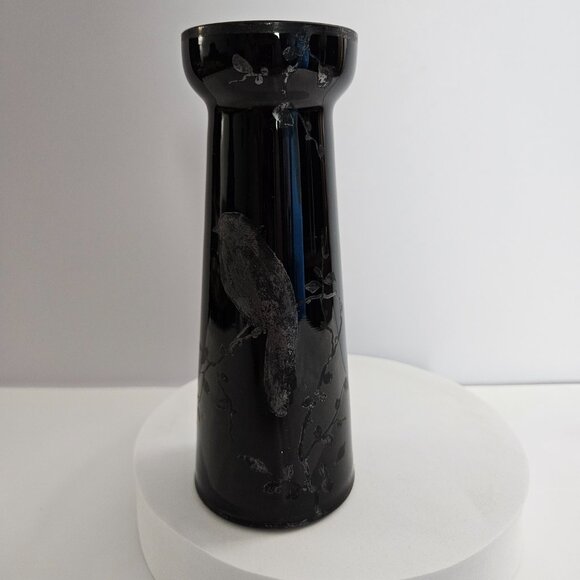 Czechoslovakian Pottery Vase Black Hand-Etched Bird Motif Gloss Finish 6.5"t - Picture 5 of 16